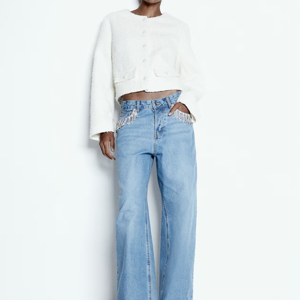 H&M WIDE RHINESTONE-DECORATED JEANS
